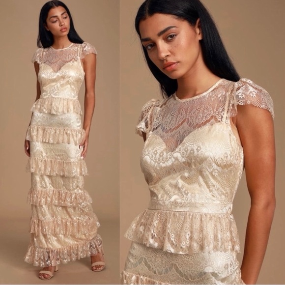 Lulus Dresses & Skirts - NWT Romantic Daydreamer Champagne Lace Tiered Maxi Dress